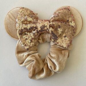 Mickey Mouse Ears Scrunchie Ponytail Holder with Sequins - Gold/Tan